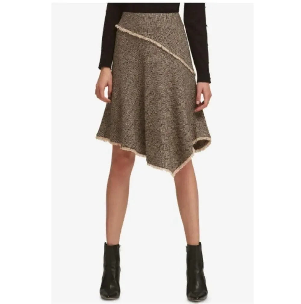 DKNY Asymmetric Hem Herringbone Skirt Knee Length Academia Size 12 Wool Blend